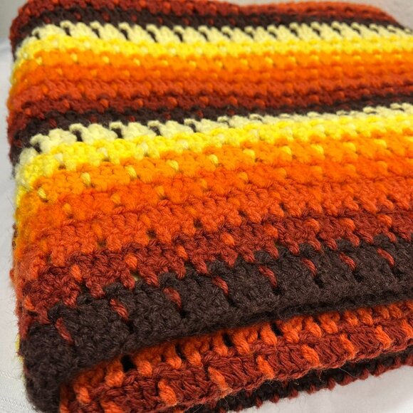 Vintage Crochet Afghan Striped Orange & Brown Yellow Throw Blanket 51 X 63 - Picture 3 of 5